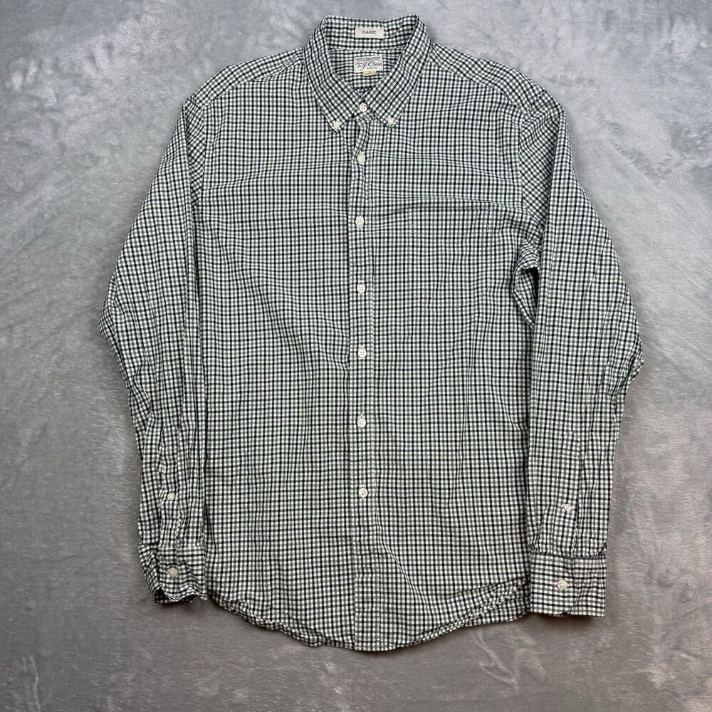 J.Crew Secret Wash Organic Cotton Gingham Check Button Down Shirt Green Navy L